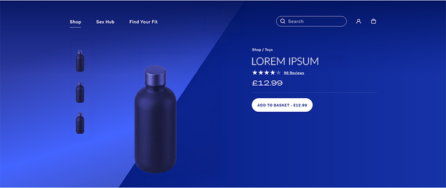 Product detail page hero in a dark blue theme